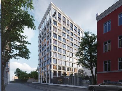 Фасад в сочетании архитектурного бетона и натурального камня Коллекционный дом «1919»|Новострой-СПб