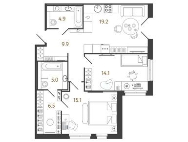 Планировки 2-к. апартаменты в Лаунж-комплекс «Репин»