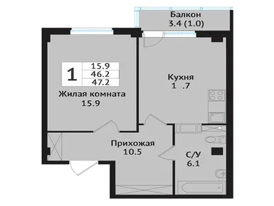 1-комнатная 49.20 кв.м, ЖК «Южная Звезда», 8 935 500 руб.