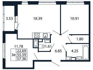3-комнатная 54.30 кв.м, ЖК «Полис Приморский 2», 15 988 888 руб.