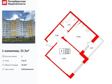 1-комнатная 35.30 кв.м, ЖК «Ёлки Вилладж», 3 812 400 руб.