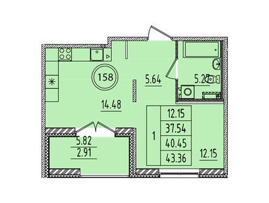1-комнатная 37.54 кв.м, ЖК «Образцовый квартал 14», 7 508 000 руб.