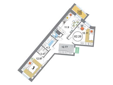 2-комнатная 62.26 кв.м, ЖК Modum (Модум), 19 275 136 руб.