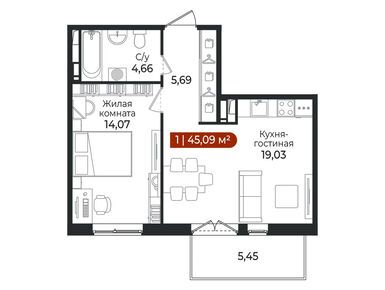 1-комнатная 45.09 кв.м, ЖК «Арт Парк», 6 492 960 руб.