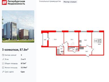 Планировки трехкомнатные в ЖК «Панорама Парк Сосновка»