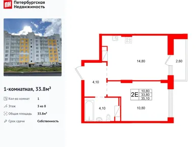 1-комнатная 33.80 кв.м, ЖК «Ёлки Вилладж», 3 741 660 руб.