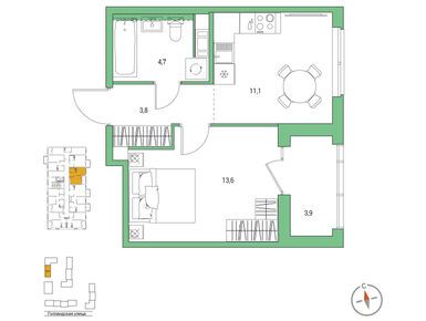 Планировки однокомнатные в ЖК «Янила Форест»