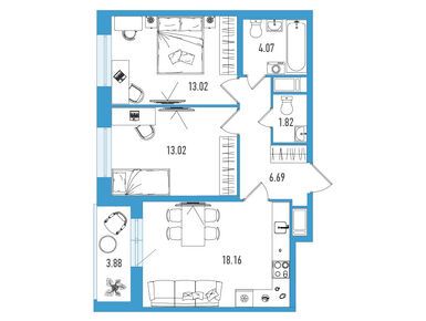 Планировки двухкомнатные в ЖК «Искра Сити»