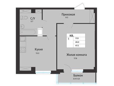 1-комнатная 49.90 кв.м, ЖК «Южная Звезда», 7 870 000 руб.