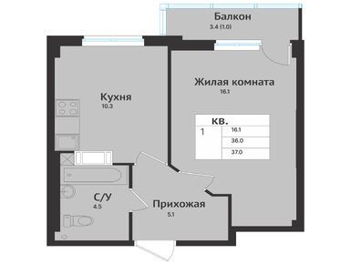 1-комнатная 36.00 кв.м, ЖК «Южная Звезда», 6 240 000 руб.