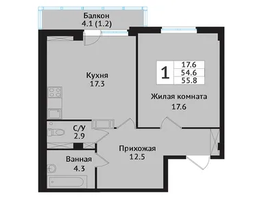 1-комнатная 58.20 кв.м, ЖК «Южная Звезда», 9 219 000 руб.