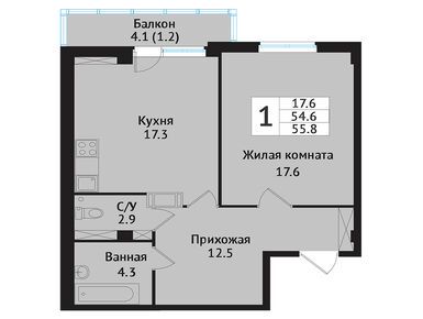 1-комнатная 58.30 кв.м, ЖК «Южная Звезда», 8 380 000 руб.