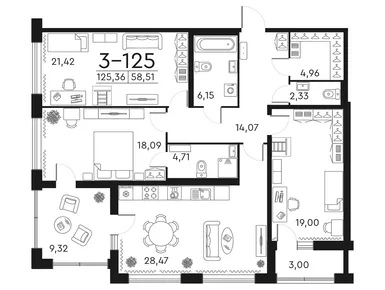 3-комнатная 125.70 кв.м, ЖК Familia (Фамилия), 57 334 119 руб.
