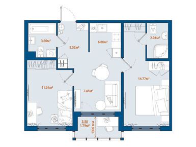 Планировки двухкомнатные в ЖК «ЛесART» (ЛесАрт)