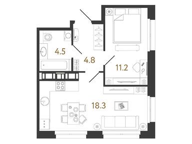 1-комнатная 38.80 кв.м, ЖК «Куинджи», 15 490 000 руб.