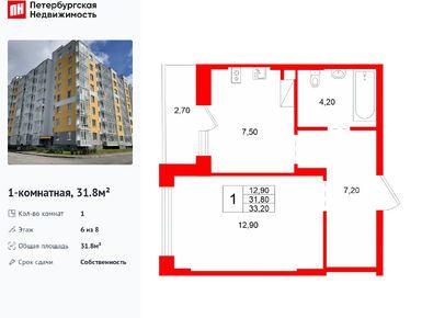 1-комнатная 31.80 кв.м, ЖК «Ёлки Вилладж», 3 548 880 руб.