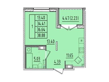 1-комнатная 34.41 кв.м, ЖК «Образцовый квартал 17», 7 432 560 руб.
