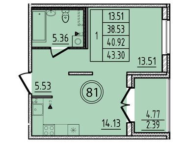 1-комнатная 38.53 кв.м, ЖК «Образцовый квартал 14», 7 706 000 руб.