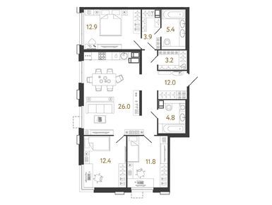 Планировки трехкомнатные в ЖК «Струны»