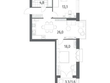2-комнатная 68.80 кв.м, ЖК «Наука», 21 242 000 руб.