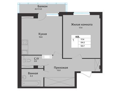 1-комнатная 58.40 кв.м, ЖК «Южная Звезда», 8 400 000 руб.