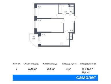 2-комнатная 53.46 кв.м, ЖК «Живи! В Рыбацком», 10 537 661 руб.