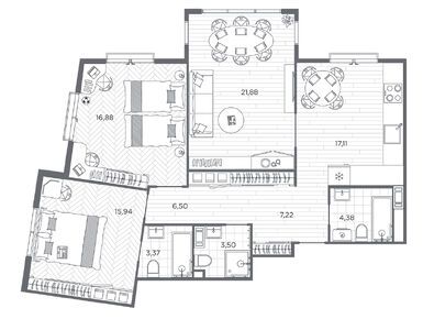 Планировки трехкомнатные в ЖК BAKUNINA 33 (Бакунина 33)