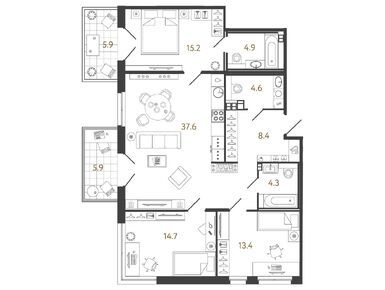 Планировки 3-к. апартаменты в Лаунж-комплекс «Репин»