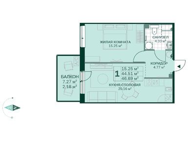 1-комнатная 46.69 кв.м, ЖК Grona Lund (Грена Лунд), 8 520 925 руб.